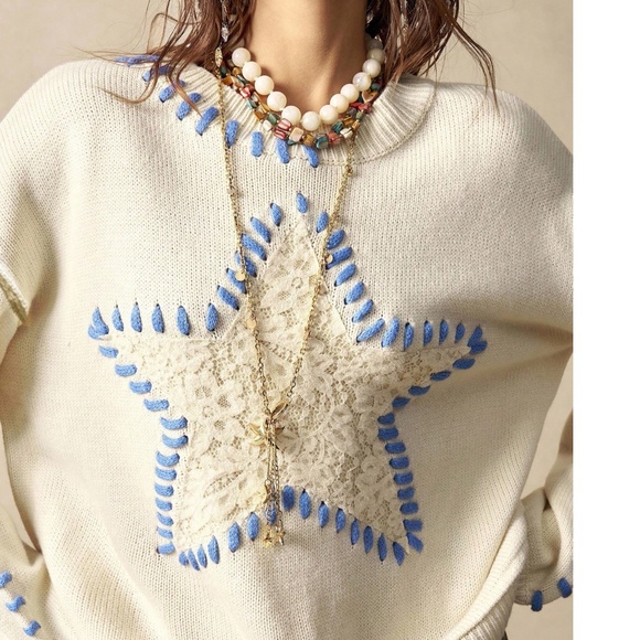 Cozy Contrast Detail Floral lace Star Oversized Sweater Top - Picture 3 of 6